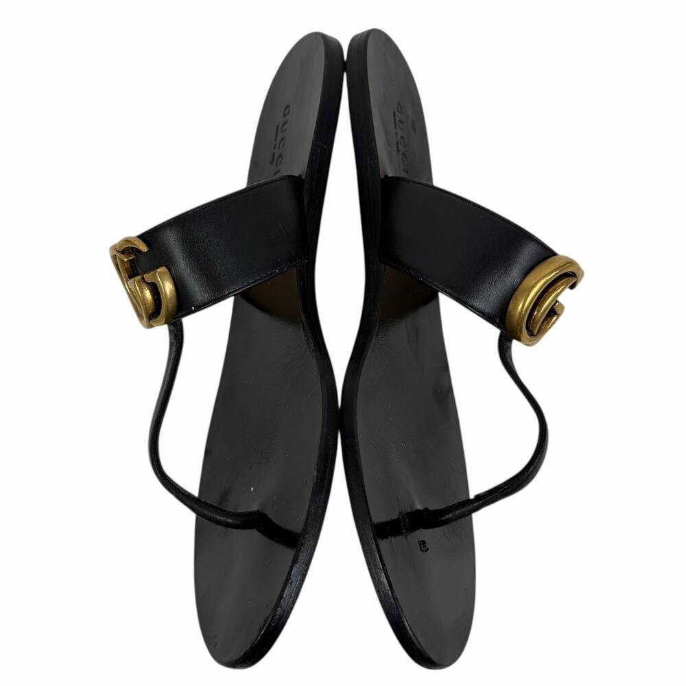 Gucci Black Leather Thong Sandal Gold Double G Logo Size 36.5 - Picture 6 of 14
